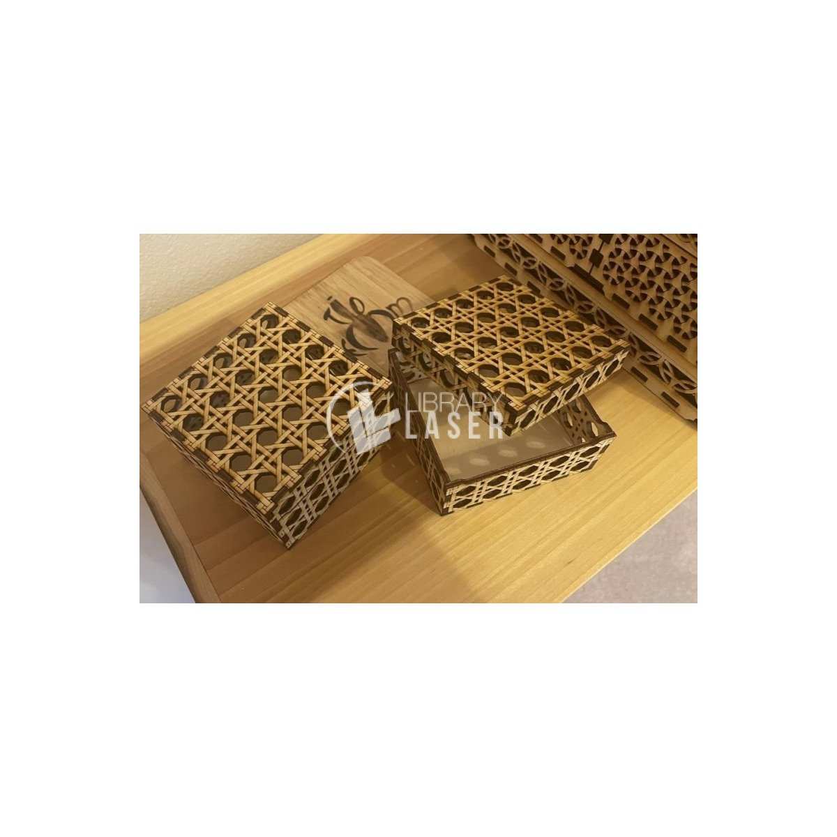 Caja estilo ratán calado madera plantilla vector corte láser